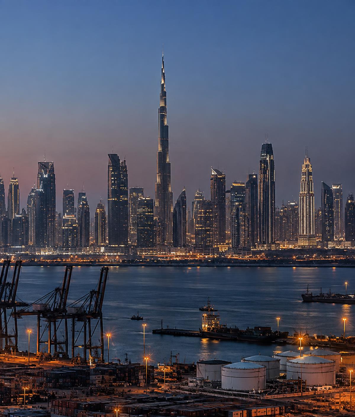 Dubai skyline at dusk with port and storage terminals in the foreground