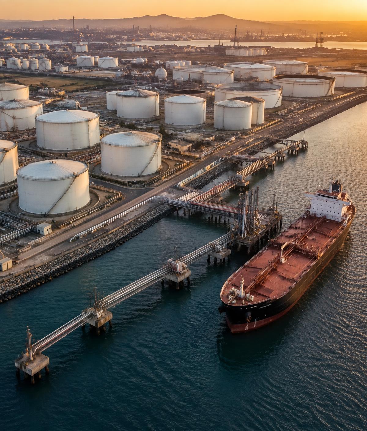 Aerial view of a petroleum storage terminal with a tanker at berth