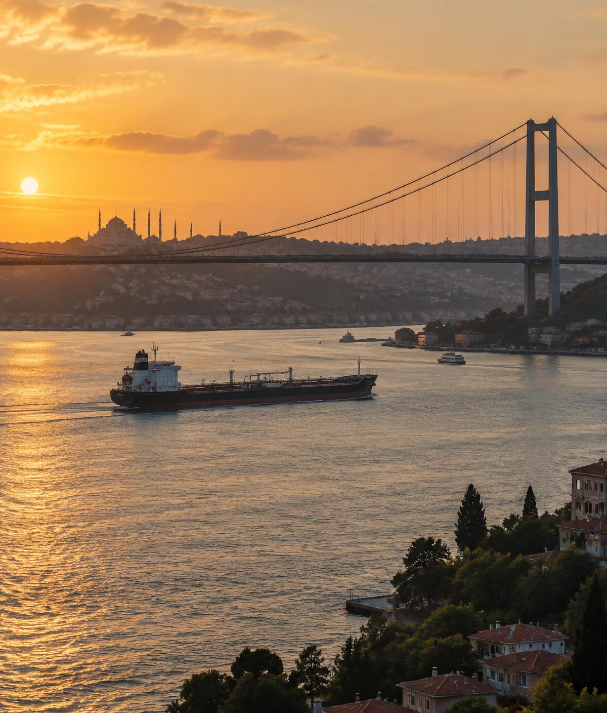 Tanker passing beneath the Bosphorus bridge at sunset